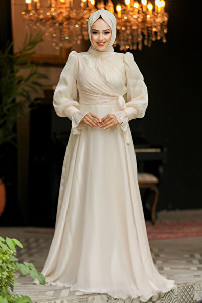 Neva Style Βραδινό φόρεμα με λεπτομέρεια με κορδόνια σε κρεμ χρώμα 48051kr