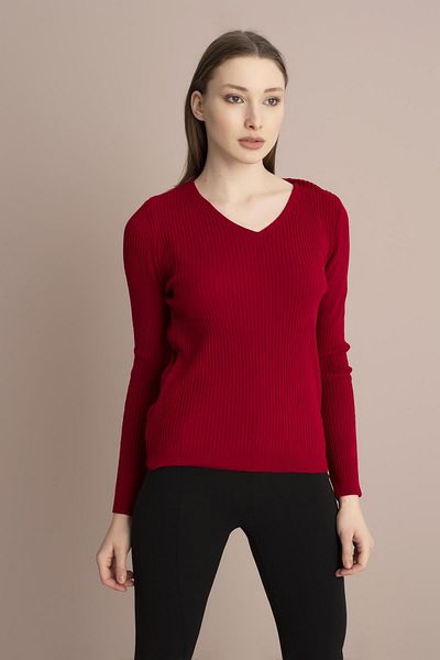 TENA Women's Red V-Neck Ribbed Knitwear