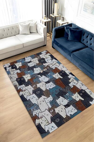 Homshtag Kedi Yüzleri Mavi Renkli Halı Minimal Genç Odası Halısı Kedili Çocuk...