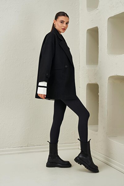 TENA Women's Black Single Button Hidden Pocket Oversize Cashmere Coat