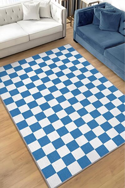 Homshtag Minimalist Mavi Beyaz Halı Kareli Oturma Odası Halısı Retro Tarzı Sa...