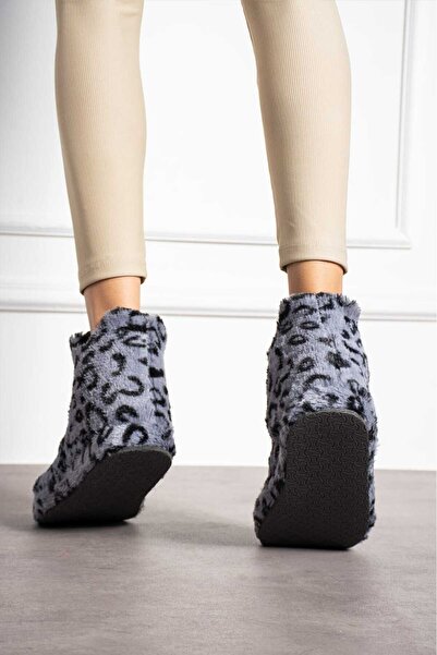 Genel Markalar Gri Kadın Peluş Tüylü Panduf Ev Botu Ev Ayakkabısı Kalın Hafif Taban