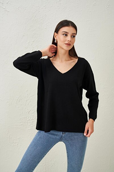 TENA Women's Black V-Neck Loose Knitwear Sweater