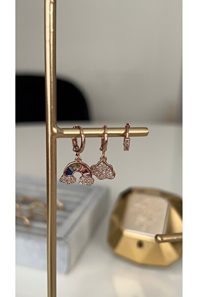 SU PERİSİ TAKI BİJUTERİ Rose Gold Gökkuşağı Model 3 lü Set Küpe
