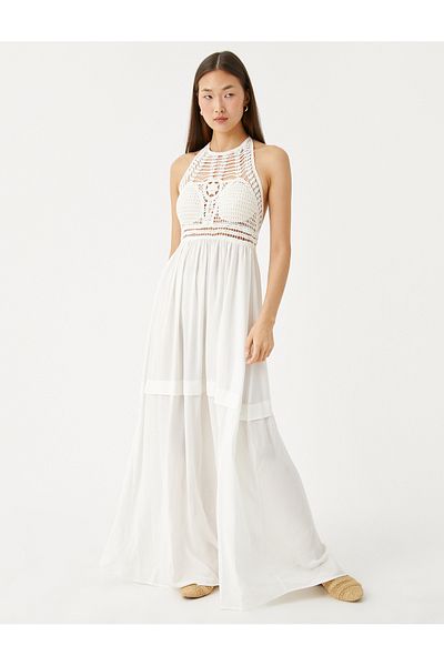 Koton Viscose Halter Neck Dress - Crochet Detail Long Cut