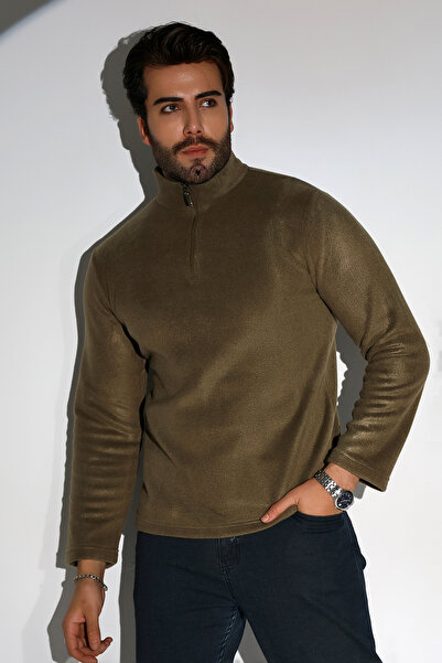 DİVİSTA Haki Renk Uzun Kollu Yaka Fermuarlı Polar Unisex