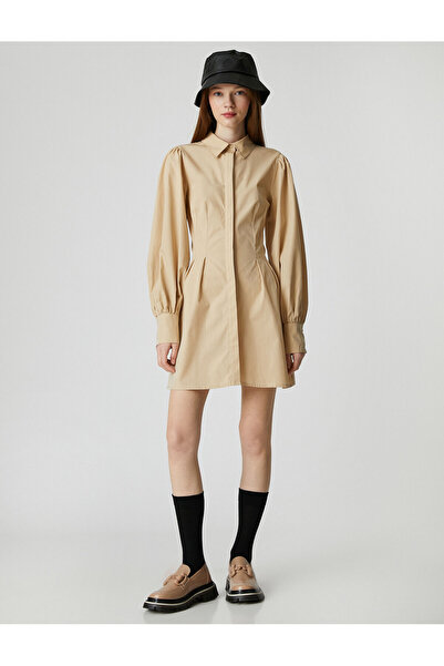 Koton Košilové šaty s řaseným pasem s dlouhým rukávem, bavlněný manžetový límec