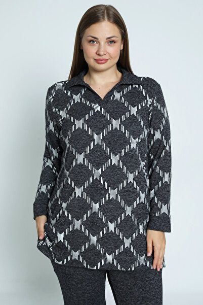 İntensive Γυναικείο πλεκτό μακρυμάνικο γιακά πόλο με μοτίβο με λύκρα σε μεγάλο μέγεθος