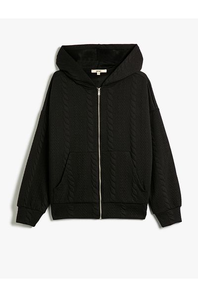Koton Hooded Sweatshirt Cardigan Textured Pocket Detailed