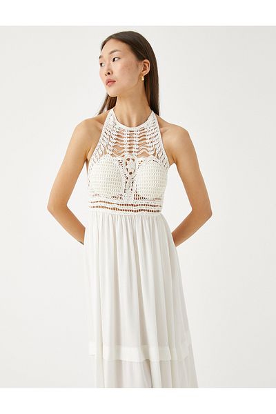 Koton Viscose Halter Neck Dress - Crochet Detail Long Cut