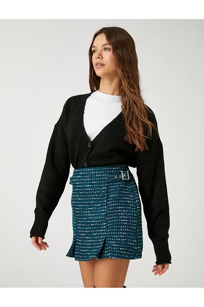 Koton Tweed rövidnadrág szoknya mini redőzött oldalán csat részletes mintás