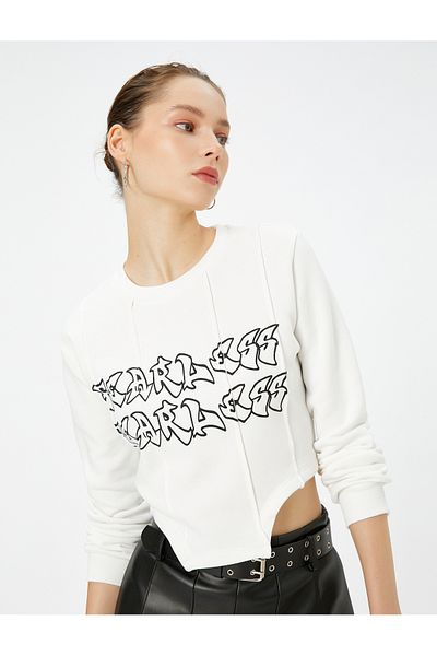 Koton Crop Asymmetrical Cut Sweatshirt Raised Corset Detailed Printed