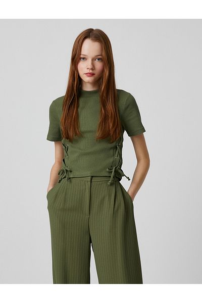 Koton Short Sleeve T-Shirt High Collar Side Tie Detail