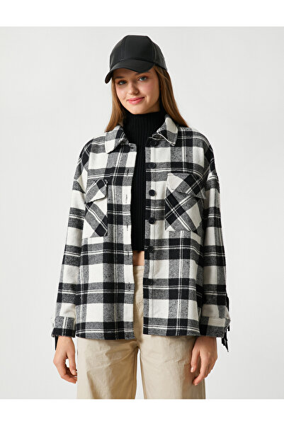 Koton Dřevorubecká košile bunda střapec Detailní kapsy na knoflíky