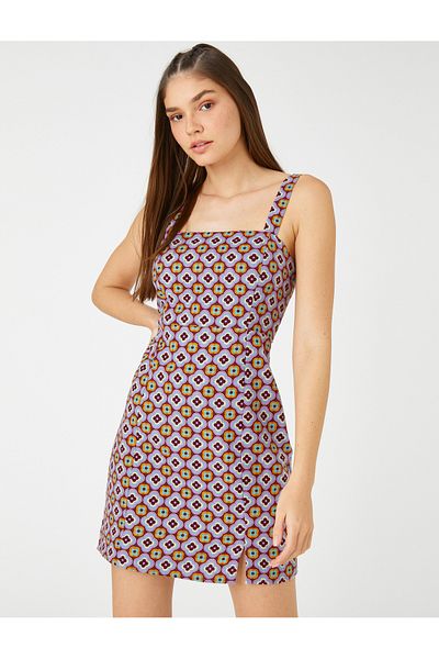 Koton Floral Salopet Dress with Slit and Straps Square Neck