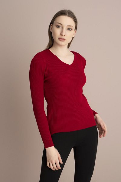TENA Women's Red V-Neck Ribbed Knitwear