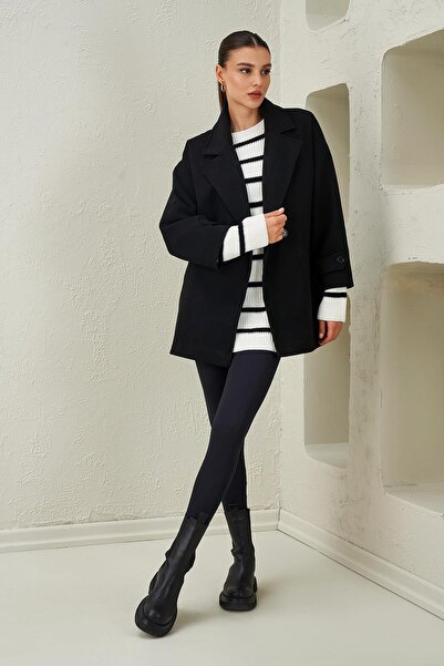 TENA Women's Black Single Button Hidden Pocket Oversize Cashmere Coat