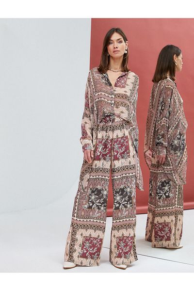 Koton Chiffon Shirt Ethnic Patterned Buttons Short in Front Long in Back