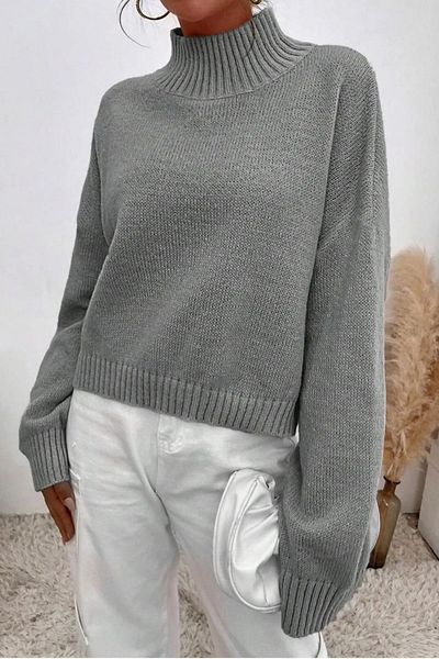 Miss Poem Women's Turtleneck Turtleneck Oversize Long Gray Knitwear Sweater