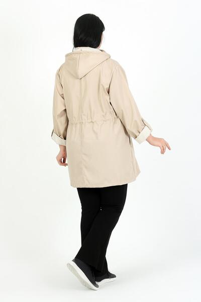 By Alba Collection Kadın Ekru Çizgili Astarlı Büyük Beden Trençkot