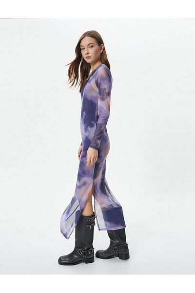 Koton Tulle Pencil Dress Midi Length Tie-Dye Patterned Long Sleeve Round Neck Lined Slit