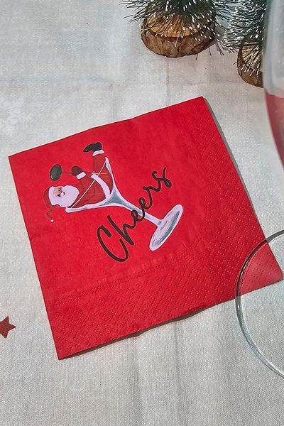 PEKSHOP Santa Claus Cheers New Year's Napkin in a Glass - Red Square Cocktail Napkin 12 Pack