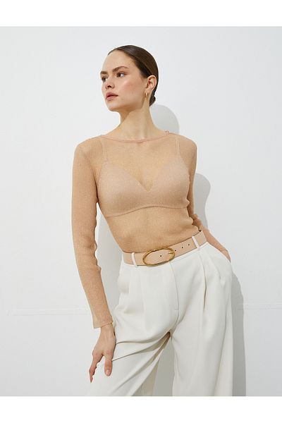 Koton Transparentes Langarm-Glitzer-T-Shirt