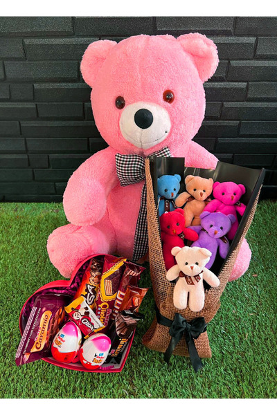 lenostra Sevgiliye Hediye 55cm Pembe Ayıcık - Çikolata Dolu Kalp Kutu Ve Ayıc...