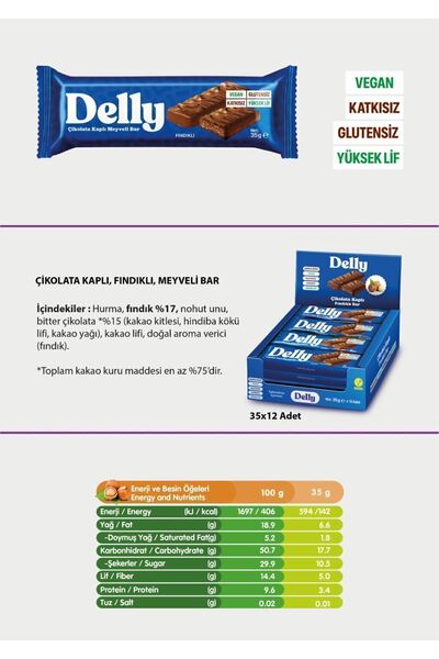Delly 12 Adet Çikolata Kaplı - Fındıklı Meyveli Bar 35g