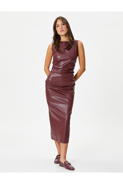 Koton Suni Deri Elbise Midi Kolsuz Bisiklet Yaka Slim Fit