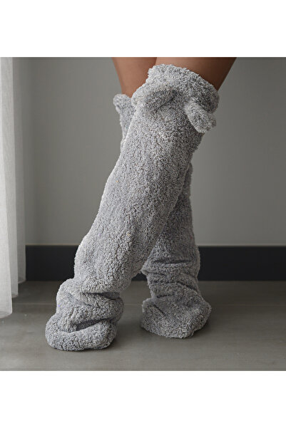 Pandamkee Kulaklı Peluş Çorab Welsoft Diz Üstü Oda Çorabı Kışlık Uyku Çorabı Ayak Isıtıcı Uzun Çorap