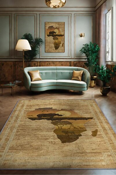Homshtag Art Deko Vintage Afrikalı Temalı Renkli Halı Etnik Afrika Haritası Desenli Halı Modern Halı