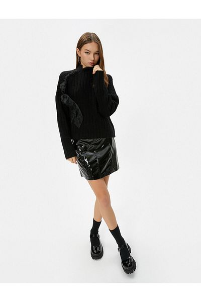 Koton Knitwear Sweater Tulle Detailed Stand Collar Long Sleeve
