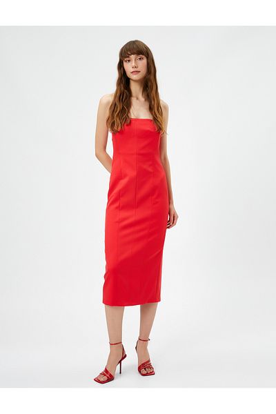 Koton Strapless Evening Dress Midi Length Slit Detailed