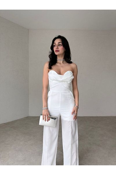 munora butik Heart Collar Strapless White Jumpsuit