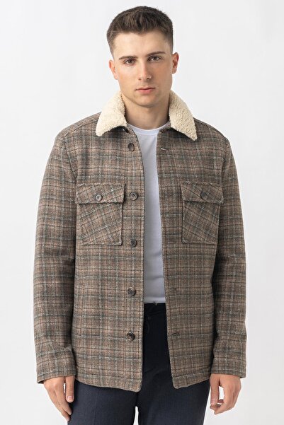 White Stone Haki Kürk Yakalı Düğme Kapamalı Ekose Desenli Kaban