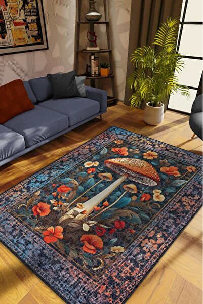 Homshtag Art Deco Mantar Vintage Halı Görünümlü Dijital Baskı Renkli Halı Rus...
