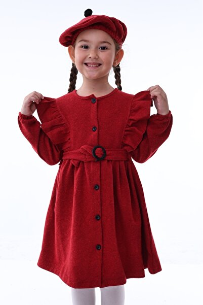 aden kids Kırçıllı Kırmızı Kız Çocuk Elbisesi (3-8 YAŞ) -şapkalı, Kemerli, Bahar Ve Bayramlık Özel Tasarım