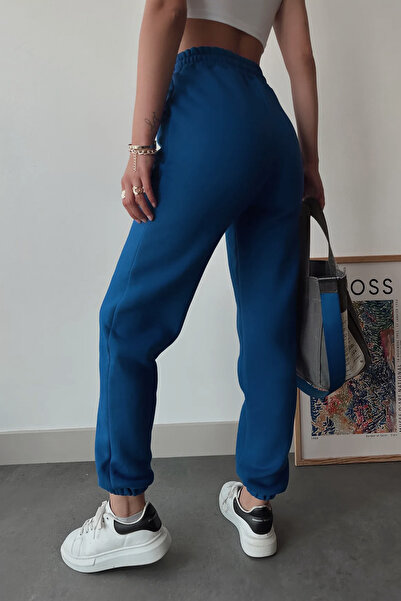 schlank Kadın İndigo Mavi Kışlık Kalın İçi Polarlı Yüksek Bel Paçası Lastikli Basic Jogger Eşofman Altı