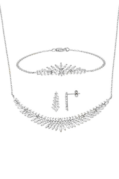 Bilezikci 14 Ayar Markiz Baget Taşlı Beyaz Altın Nişan Seti