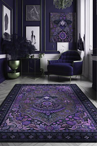 Homshtag Cadı Figürlü Korku Temalı Salon Halısı Gotik Mor Renkli Oturma Odası...