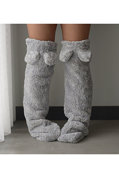 Pandamkee Kulaklı Peluş Çorab Welsoft Diz Üstü Oda Çorabı Kışlık Uyku Çorabı Ayak Isıtıcı Uzun Çorap