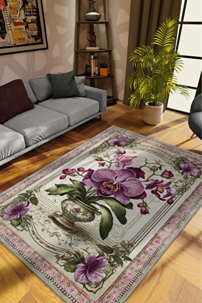 Homshtag Art Deco Orkide Çiçeği Vintage Halı Görünümlü Dijital Baskı Renkli H...