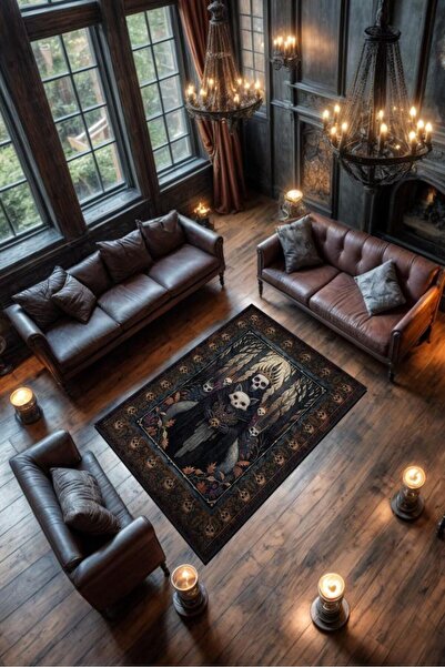 Homshtag Korku Temalı Halı Kurukafa Figürlü Salon Halı Koyu Renk Halı Gotik K...