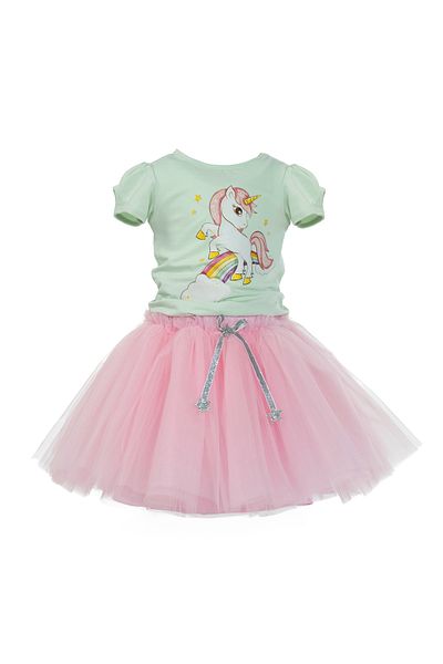 DUCA Set dublu body cu mânecă scurtă cu imprimeu unicorn și fustă tutu umflată