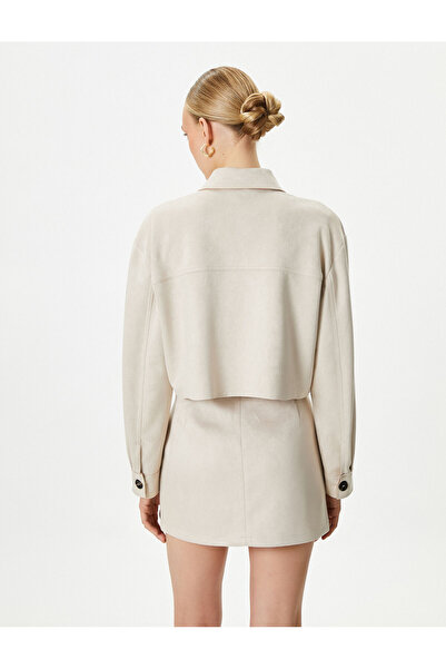 Koton Crop πουκάμισο σακάκι σουέντ με ανάγλυφη τσέπη με κουμπιά