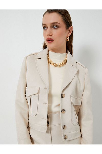 Koton Suede Look Jacket Buttoned Pocket Detailed Epaulettes