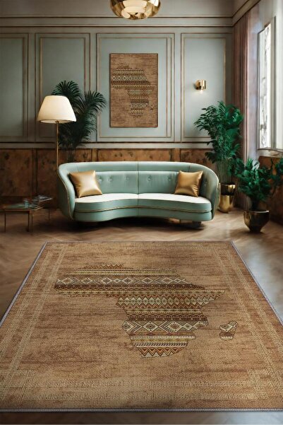 Homshtag Art Deko Vintage Afrikalı Temalı Kahverengi Renk Etnik Halı Bordürlü Afrika Haritası Halısı