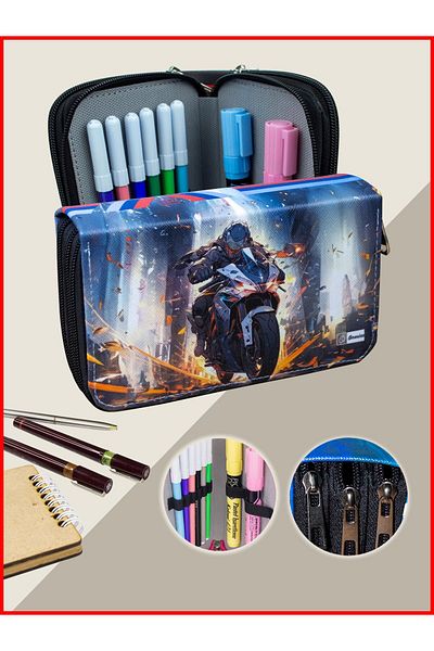 OneSize M1000 Orginazer Vegan Leather Pen Holder - Motorcycle Three Compartment Pencil Case