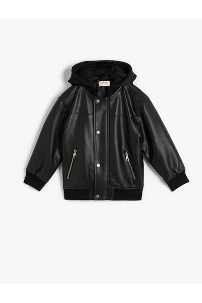 Koton Hooded Jacket Leather Look Zipper Detailed Snap Closure
